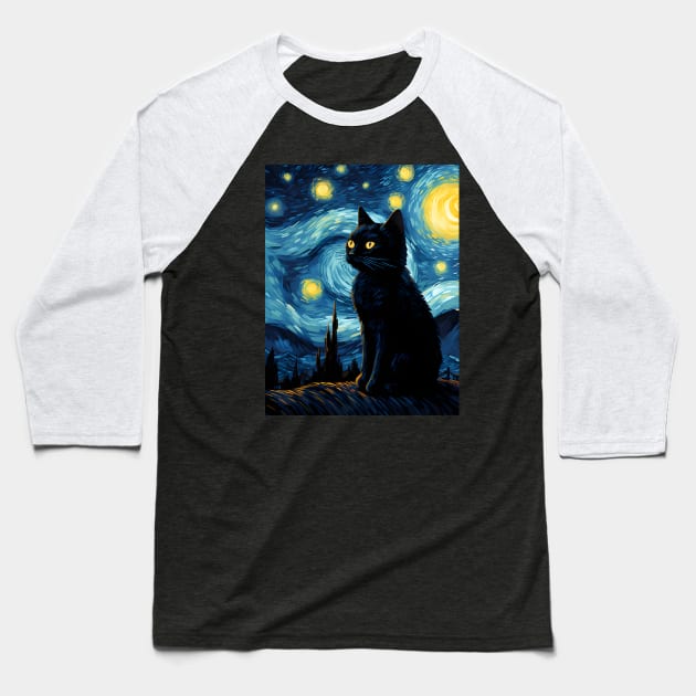 Starry Night Black Cat Baseball T-Shirt by VisionDesigner
